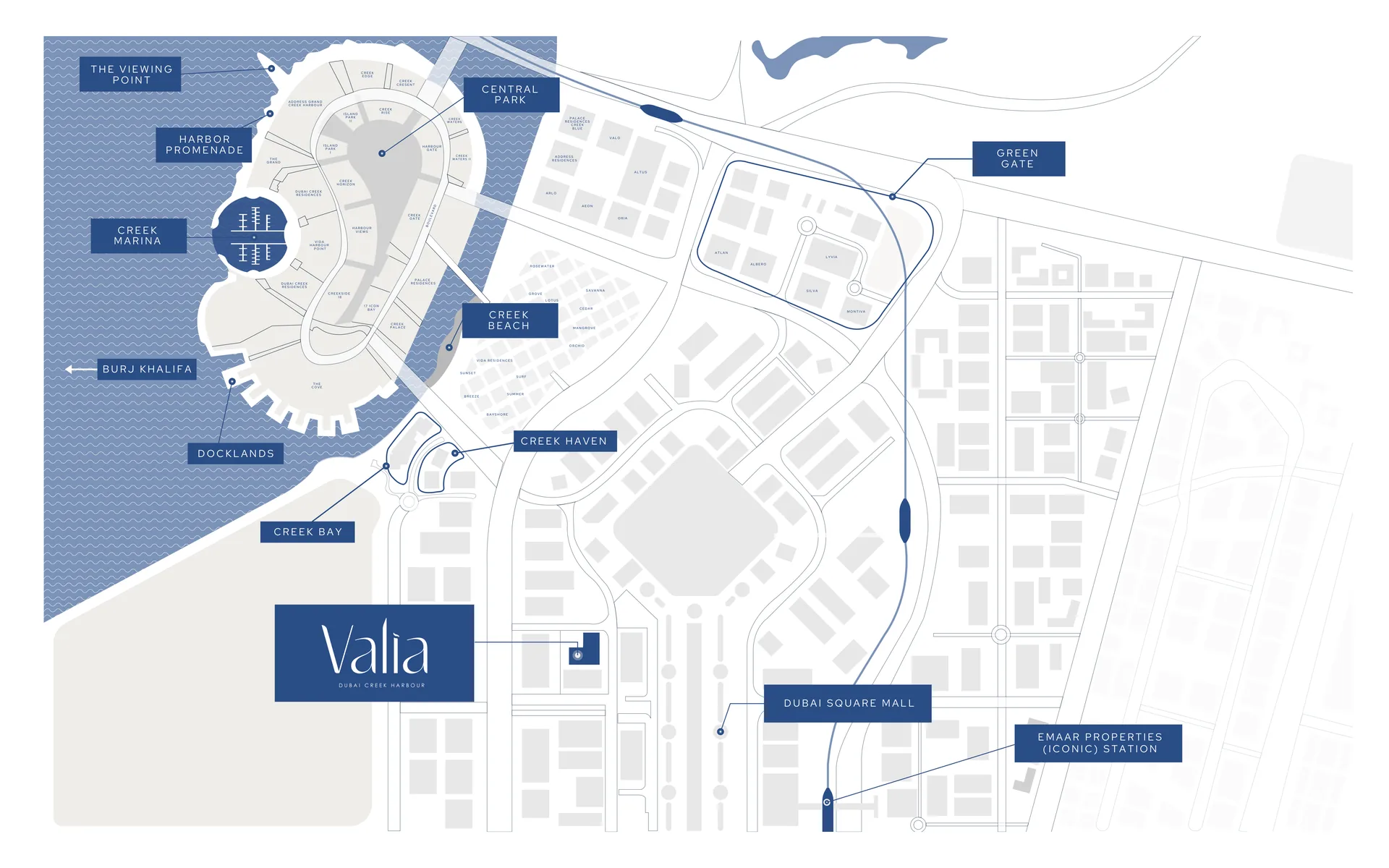Dubai Creek Harbour masterplan map showing Valia by Emaar location near Creek Beach and Creek Marina