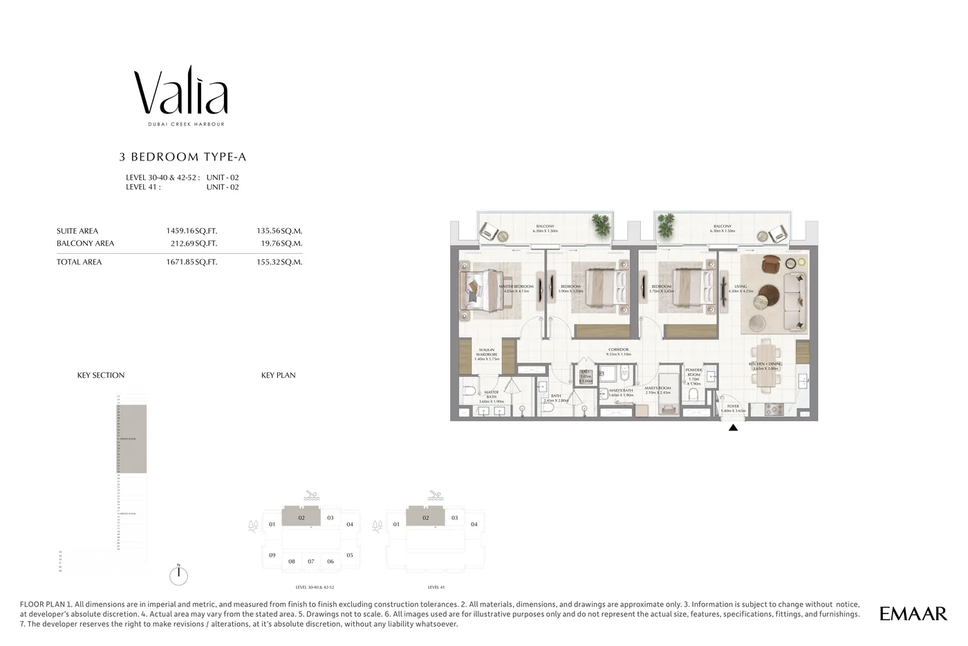 Valia by Emaar 3-bedroom apartment floor plan – from 1,652 sqft at Dubai Creek Harbour