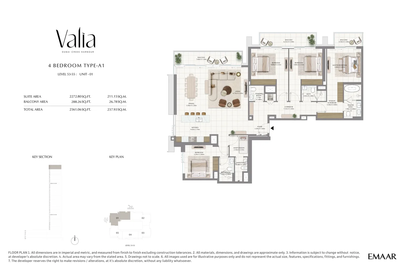 Valia by Emaar 4-bedroom apartment floor plan – 2,561 sqft penthouse-level at Dubai Creek Harbour