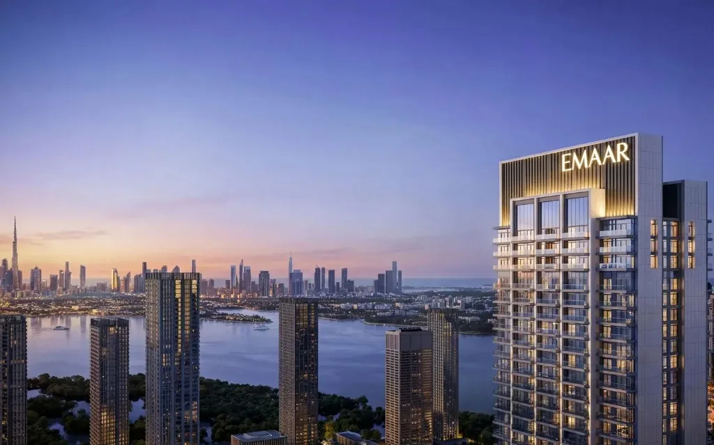Dubai Creek Harbour waterfront promenade with Burj Khalifa skyline at sunset – Valia by Emaar