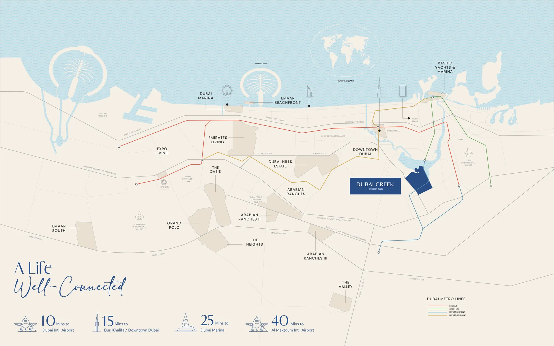 Valia by Emaar location map: 10 mins Dubai Airport, 15 mins Downtown Dubai, 25 mins Dubai Marina